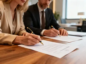 Profesjonalistka z tabletem w nowoczesnym biurze, symbolizująca załatwianie spraw formalnych online.