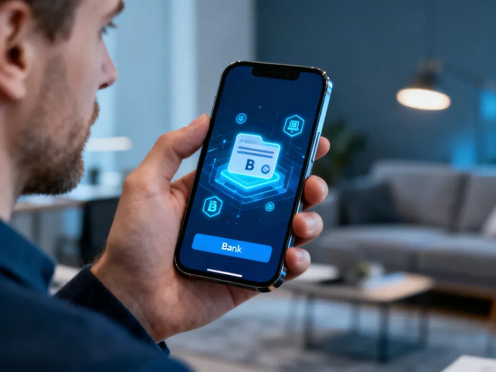 Dłoń trzymająca smartfon z wyświetlonym interfejsem bankowości mobilnej w domowym biurze.