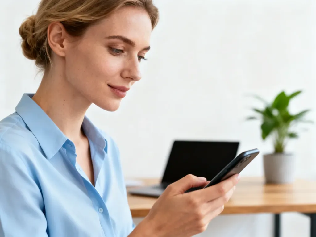 Kobieta obsługująca smartfon w nowoczesnym biurze, symbolizująca wygodne zarządzanie bankowością online.