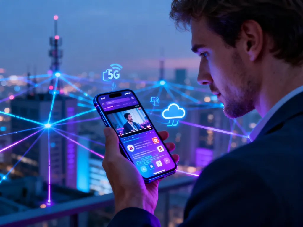 Mężczyzna trzyma smartfon 5G ze świecącymi ikonami, na tle miasta połączonego liniami sieci, symbol intensywnego internetu mobilnego.