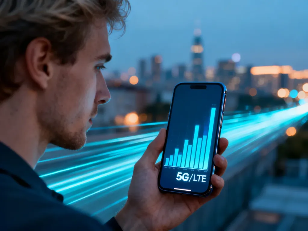 Smartfon z pełnym zasięgiem 5G/LTE w dłoni na tle miasta, symbol szybkiego internetu mobilnego bez limitu, no text on the picture