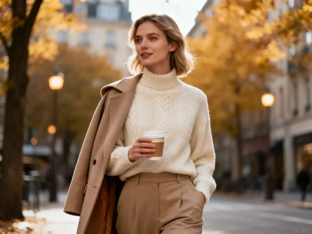 Elegancka kobieta w miękkim swetrze i płaszczu na ramionach spaceruje jesienią po mieście, prezentując modny, ciepły look; no text on the picture
